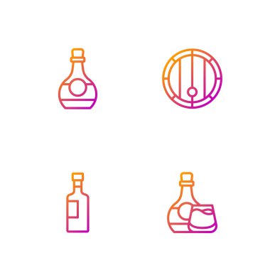 Viski şişesi ve cam, şarap, bir şişe konyak veya konyak ve tahta fıçı hazırla. Renk simgeleri. Vektör