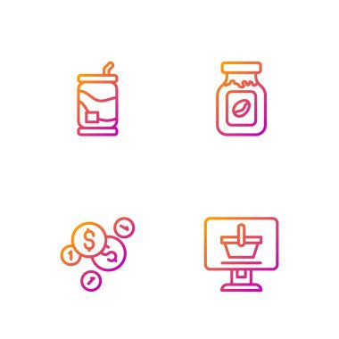 Set line Shopping cart on computer, Coin money with dollar, Soda can and Coffee jar bottle. Gradient color icons. Vector
