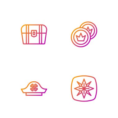 Set line Wind rose, Pirate hat, Antique treasure chest and coin. Gradient color icons. Vector