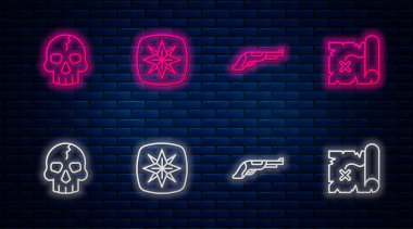 Set line Wind rose, Vintage pistol, Skull and Pirate treasure map. Glowing neon icon on brick wall. Vector