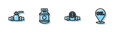 Set line Metallic pipes and valve, , Propane gas tank and Refill petrol fuel location icon. Vector