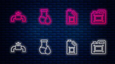 Set line Oil petrol test tube, Canister for motor oil, Metallic pipes and valve and . Glowing neon icon on brick wall. Vector