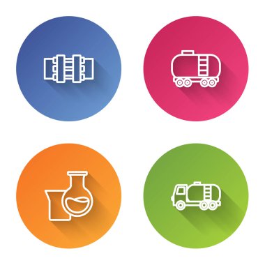 Set line Metallic pipes and valve, Oil railway cistern, petrol test tube and Tanker truck. Color circle button. Vector