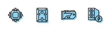 Set line Video graphic card, Processor with CPU, Hard disk drive HDD and Case of computer icon. Vector