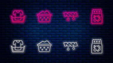 Set line Basin with soap suds, Squeeze clothes, shirt and Laundry detergent. Glowing neon icon on brick wall. Vector