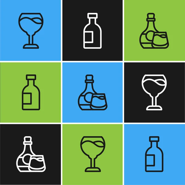 Set Line Wine Glass Whiskey Bottle Glass Vodka Icon Vector — Vector de stock