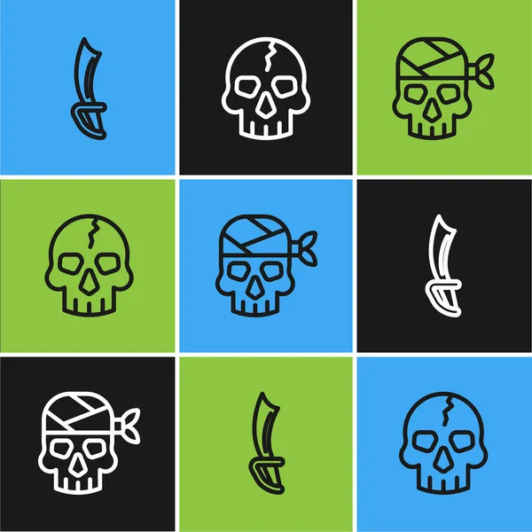 Set Line Pirate Sword Captain Skull Icon Vector — Stock Vector