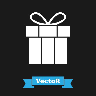 Beyaz hediye kutusu simgesi siyah arkaplanda izole edildi. Doğum günün kutlu olsun. Vektör