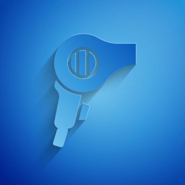 Kağıt kesiği saç kurutma ikonu mavi arka planda izole edilmiş. Saç kurutma makinesi tabelası. Saç kurutma sembolü. Sıcak hava üflüyor. Kağıt sanatı tarzı. Vektör