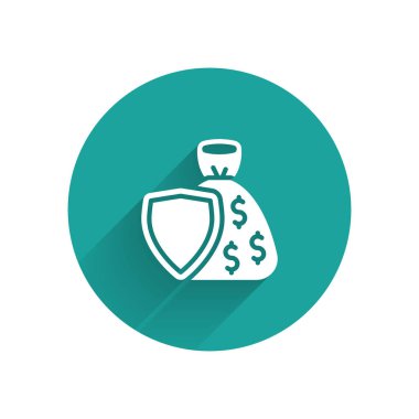 White Shield and money bag with dollar symbol icon isolated with long shadow. Security shield protection. Money security concept. Green circle button. Vector