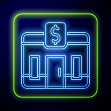 Glowing neon Bank building icon isolated on blue background. Vector