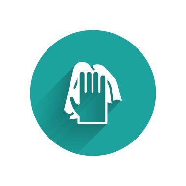 White Cleaning service icon isolated with long shadow. Latex hand protection sign. Housework cleaning equipment symbol. Green circle button. Vector