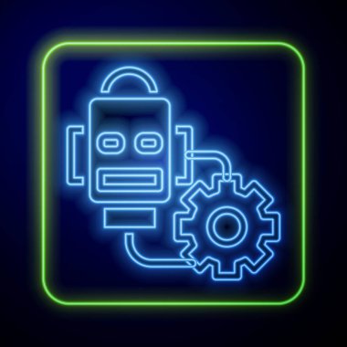Glowing neon Robot setting icon isolated on blue background. Artificial intelligence, machine learning, cloud computing. Vector