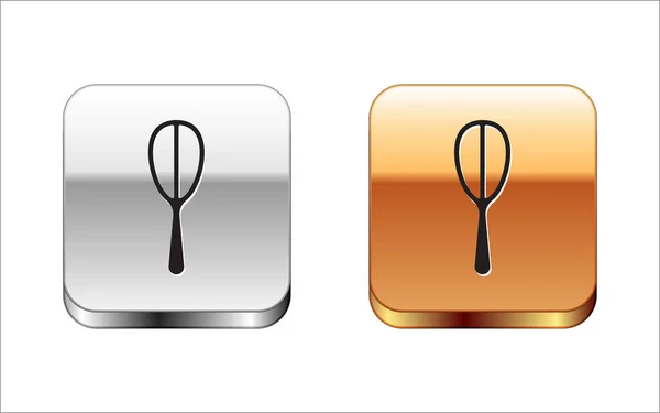 Black Kitchen whisk icon isolated on white background. Cooking utensil, egg beater. Cutlery sign. Food mix symbol. Silver-gold square button. Vector — Stok Vektör