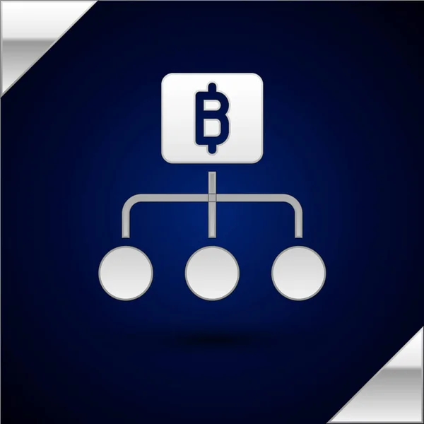 Silver Blockchain technologie Bitcoin pictogram geïsoleerd op donkerblauwe achtergrond. Abstract geometrische blok keten netwerk technologie business. Vector — Stockvector
