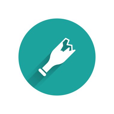 White Broken bottle as weapon icon isolated with long shadow. Green circle button. Vector