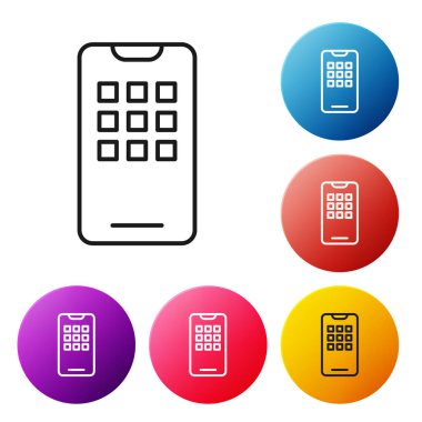 Siyah çizgi Akıllı Telefon, beyaz arkaplanda izole edilmiş cep telefonu simgesi. Renkli daire düğmelerini ayarlayın. Vektör İllüstrasyonu