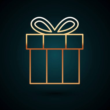 Altın çizgili hediye kutusu simgesi koyu mavi arkaplanda izole edilmiş. Doğum günün kutlu olsun. Vektör