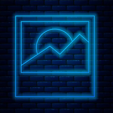 Parlayan neon hattı fotoğraf simgesi tuğla duvar arka planında izole edildi. Vektör