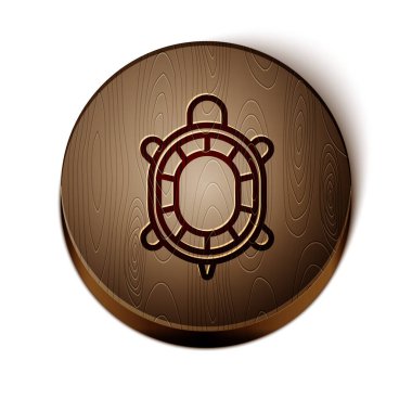 Brown line Turtle icon isolated on white background. Wooden circle button. Vector