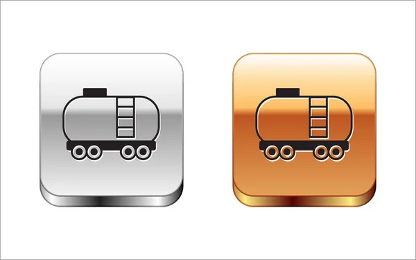 Black Oil spoorweg reservoir pictogram geïsoleerd op witte achtergrond. Trein olietank op spoorwagon. Goederenvervoer. Olie-industrie. Zilveren en gouden vierkante knopen. Vector — Stockvector