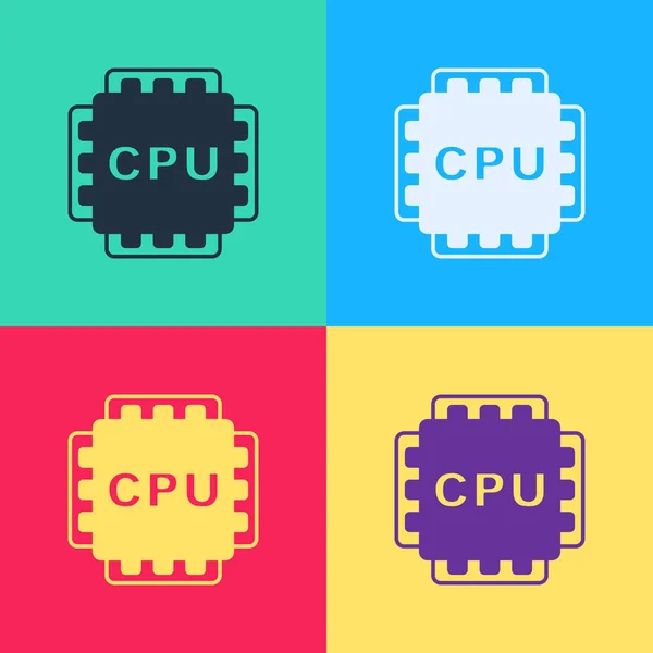 Pop art Processore di computer con microcircuiti icona della CPU isolata su sfondo a colori. Chip o cpu con circuito stampato. Microprocessore. Vettore — Vettoriale Stock