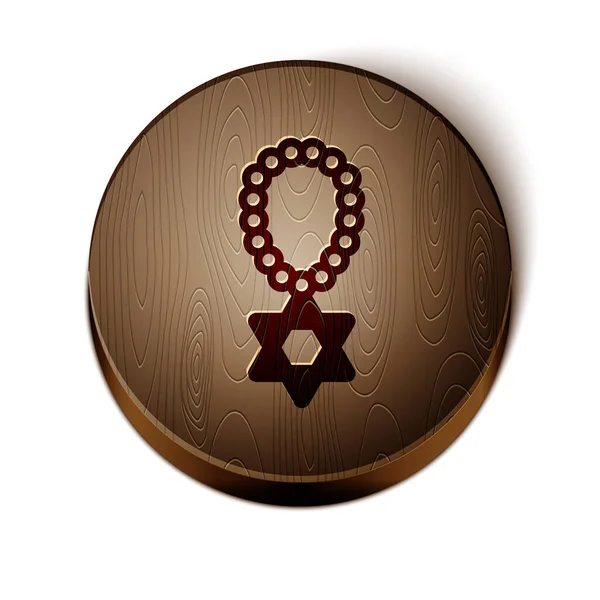 Brown line Star of David necklace on chain icon isolated on white background. Jewish religion symbol. Symbol of Israel. Jewellery and accessory. Wooden circle button. Vector — Vetor de Stock