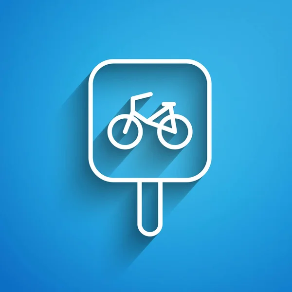 Beyaz çizgi bisiklet park ikonu mavi arka planda izole edildi. Uzun gölge. Vektör — Stok Vektör