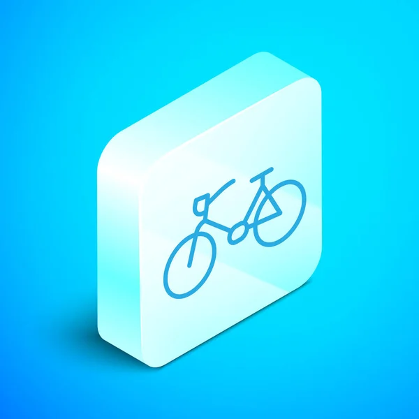 Isometrische Linie Fahrradsymbol isoliert auf blauem Hintergrund. Radrennen. Extremsport. Sportgeräte. Silberner quadratischer Knopf. Vektor — Stockvektor