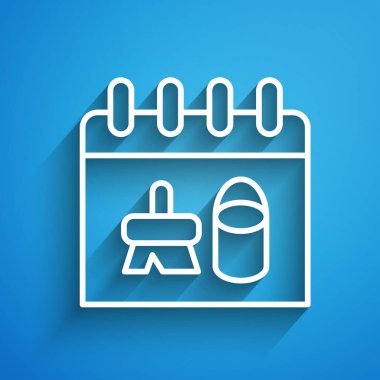 Beyaz çizgi temizleme takvimi simgesi mavi arkaplanda izole edildi. Uzun gölge. Vektör