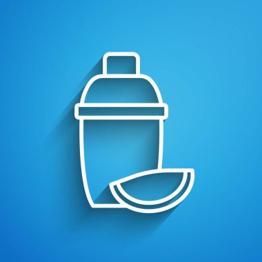 Mavi arka planda limon simgesi olan beyaz çizgi kokteyl karıştırıcısı. Uzun gölge. Vektör