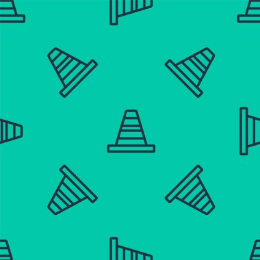 Mavi çizgi trafik konisi simgesi yeşil arka planda kusursuz desen izole etti. Vektör