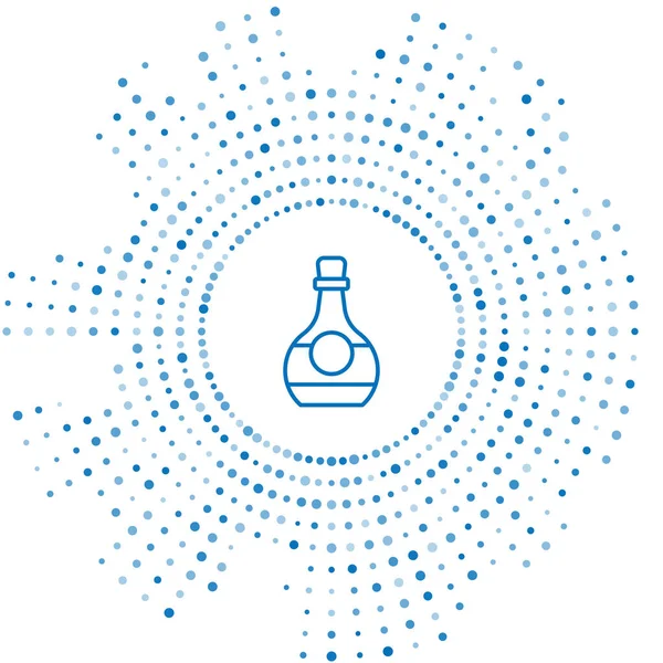 Mavi çizgi konyak şişesi veya konyak ikonu beyaz arka planda izole edilmiş. Soyut çember rastgele noktalar. Vektör