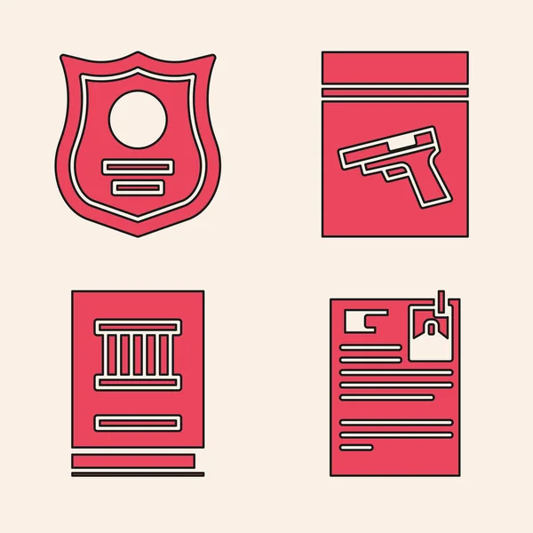Набор судебных исков, полицейский значок, пакет улик и пистолет или пистолет и значок книги законов. Вектор — стоковый вектор