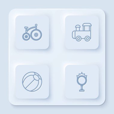 Klasik bisiklet, oyuncak tren, plaj topu ve Circus ateş çemberi. Beyaz kare düğme. Vektör