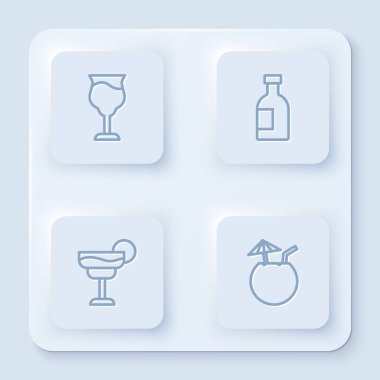 Çizgi şarap kadehi, cam şişe votka, kokteyl ve hindistan cevizi kokteyli. Beyaz kare düğme. Vektör