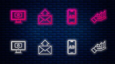 Satır Posta ve e-posta, Reklamcılık, Yıldız ve Turta grafiği bilgisini ayarla. Tuğla duvarda parlayan neon simgesi. Vektör