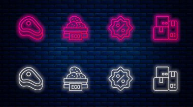 Hat ahşap kutu meyve, indirim yüzde etiketi, biftek eti ve yazar kasa. Tuğla duvarda parlayan neon simgesi. Vektör