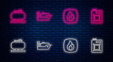 Petrol tankeri gemisi, yangın alevi, depolama ve motor yağı için teneke kutu ayarlayın. Tuğla duvarda parlayan neon simgesi. Vektör