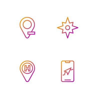 Şehir haritası navigasyonu, helikopter iniş pisti, konum ve rüzgar yükseldi. Renk simgeleri. Vektör