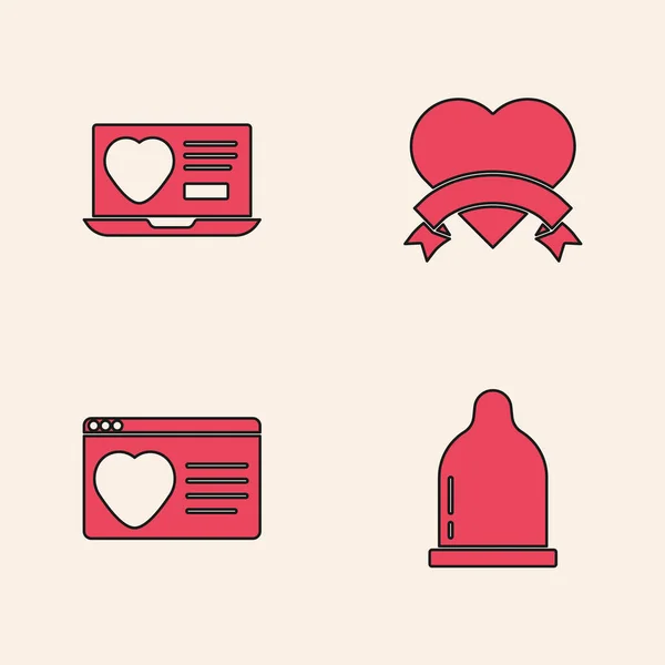 Establecer condón, Citas aplicación en línea, Corazón y el icono. Vector — Vector de stock