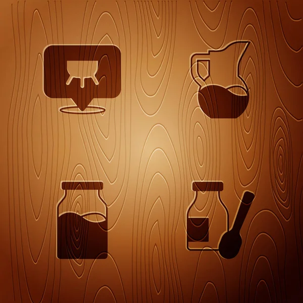 Set Drinking yogurt in bottle, Udder, Bottle with milk and Milk jug or pitcher on wooden background. Vector — Stock Vector