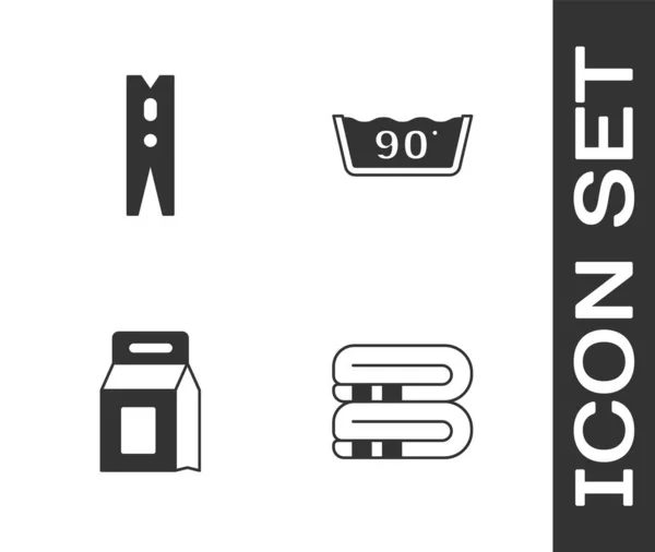 Set Handtuchstapel, Wäscheklammer, Waschmittel und Temperaturwaschsymbol. Vektor — Stockvektor