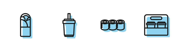 Set line Sushi, Doner kebab, vaso de papel con paja y taza de café para ir icono. Vector — Archivo Imágenes Vectoriales