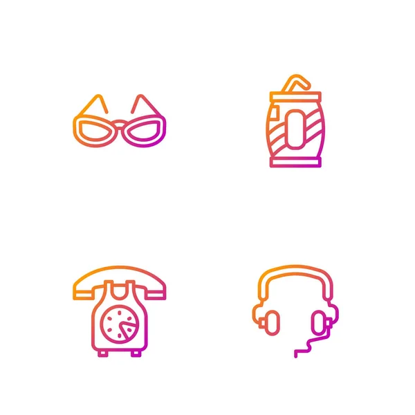 Set line Headphones, Telephone handset, Glasses and Soda can with straw. Gradient color icons. Vector — Stock Vector