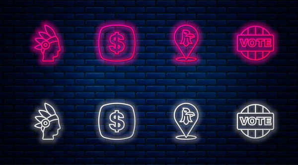 Set line Dollar symbol, Eagle, Native American Indian and Vote. Glowing neon icon on brick wall. Vector — Stock Vector