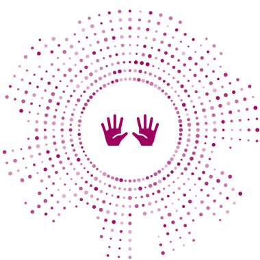 Mor tıbbi kauçuk eldiven ikonu beyaz arka planda izole edilmiş. Koruyucu lastik eldivenler. Soyut çember rastgele noktalar. Vektör