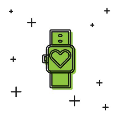 Siyah Akıllı saat beyaz arkaplanda kalp atışı simgesini gösteriyor. Fitness uygulaması konsepti. Vektör