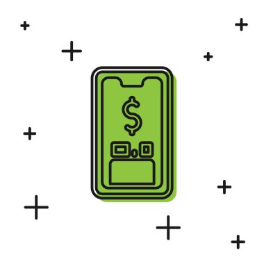 Beyaz arkaplanda dolar sembolü olan siyah akıllı telefon. İnternetten alışveriş konsepti. Finansal cep telefonu simgesi. Çevrimiçi ödeme. Vektör