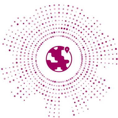 Beyaz arkaplanda izole edilmiş dünya ikonunun mor konumu. Dünya ya da Dünya işareti. Soyut çember rastgele noktalar. Vektör